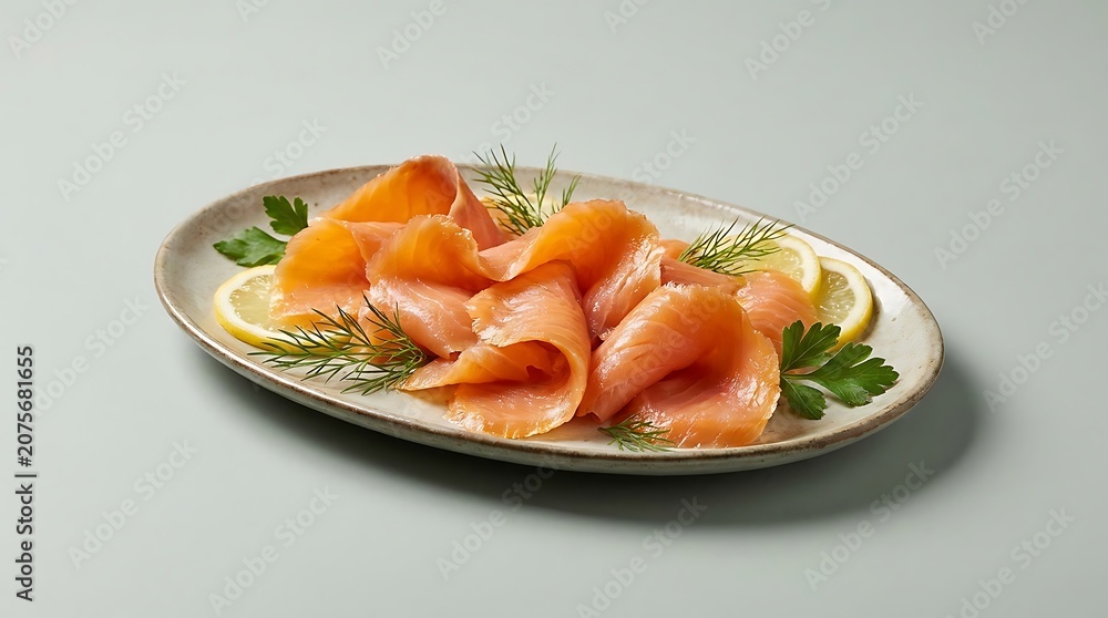 Obraz premium A gourmet plate of salmone affumicato elegantly arranged with fresh dill sprigs, parsley, and lemon slices isolated on a clean light gray background studio shot