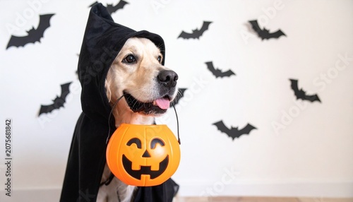 Golden Retriever Witch Costume Pumpkin Bucket Halloween Festive Atmosphere