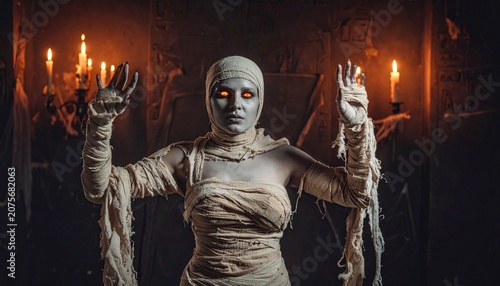 Halloween Mummy Bandages Glowing Eyes Candles Horror Atmosphere Concept