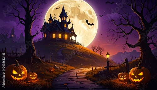 Halloween Hilltop House Moon Bats Pumpkins Trees Festive Atmosphere