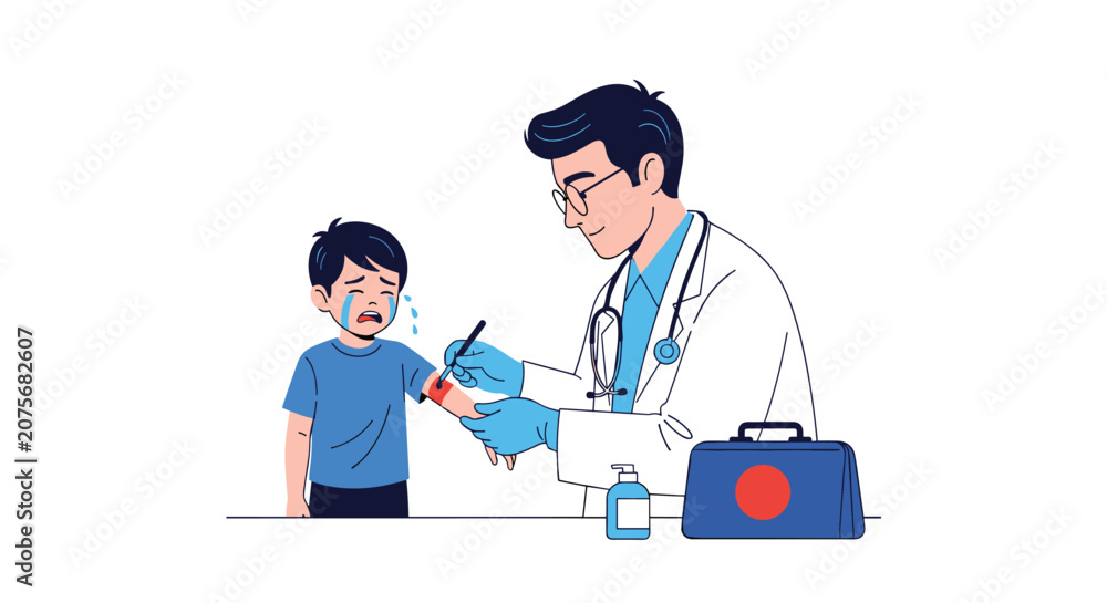 Fototapeta premium Professional male doctor in a white coat applying a bandage to a crying young boy's arm in a medical clinic office.