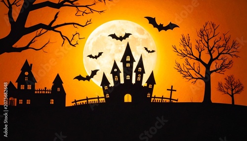 Halloween Haunted Castle Moon Bats Trees Spooky Atmosphere Concept