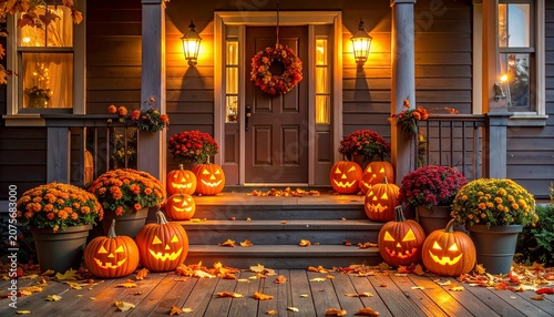 Halloween Porch Pumpkins Chrysanthemums Autumn Leaves Festive Atmosphere