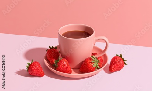 Fresh strawberries and coffee cup on pink plate with soft background