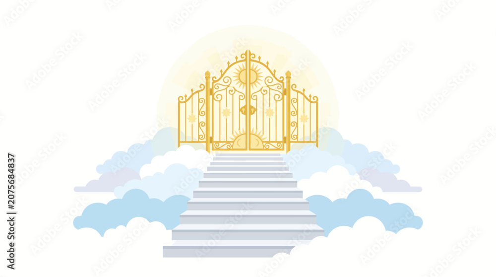Fototapeta premium Golden gate to heaven with stairs and clouds.