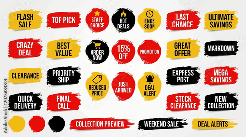 Vector graphics of colorful sale stickers and labels on white background