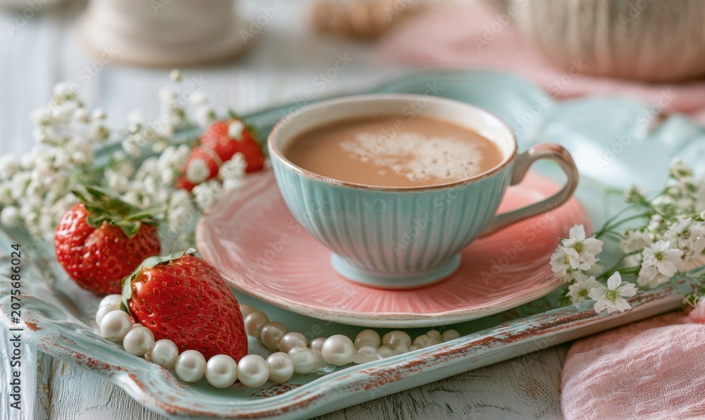 Fototapeta premium Cup of tea beside strawberries and white blossoms on vintage tray