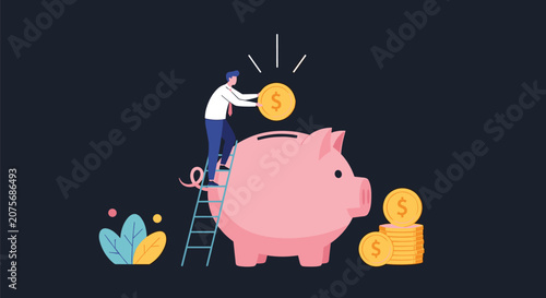 Businessman climbing a ladder to drop a golden coin into a giant pink piggy bank against a dark background.