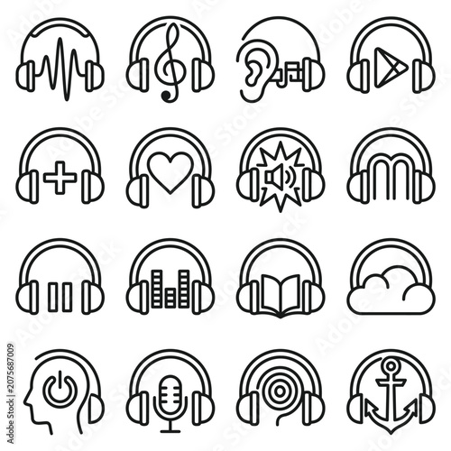 A collection of various minimalist line art icons featuring headphones and audio concepts
