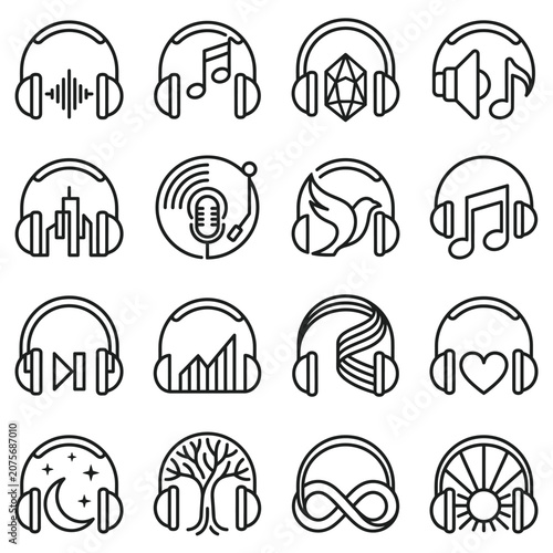 A collection of sixteen minimalist line art icons featuring various headphone designs