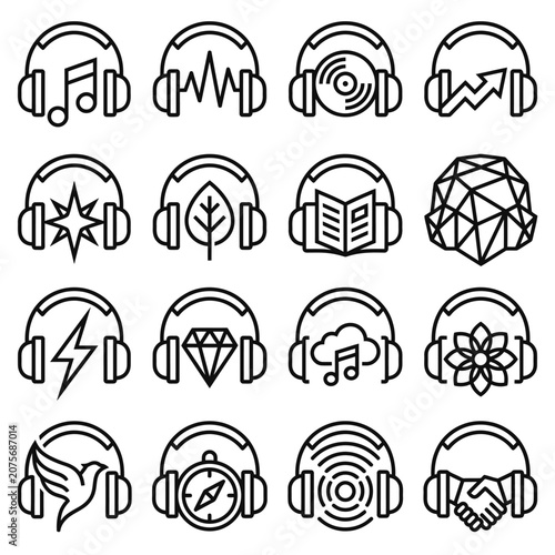 A collection of sixteen unique headphone icons featuring various creative symbols