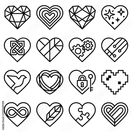A collection of sixteen unique heart icons featuring various creative and abstract design styles