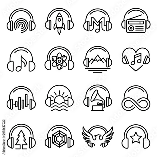 A collection of sixteen unique headphone icons featuring various creative symbols and abstract designs