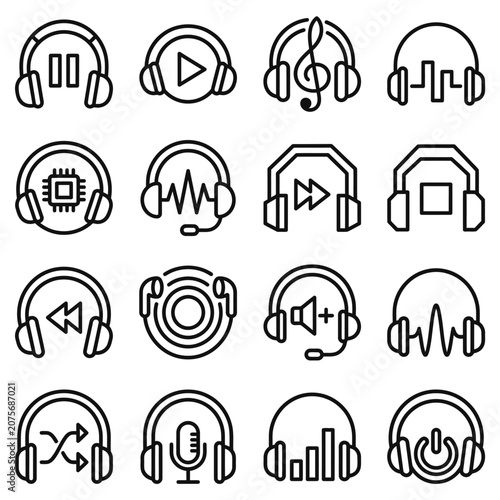 A collection of sixteen minimalist black line icons representing various audio and music functions