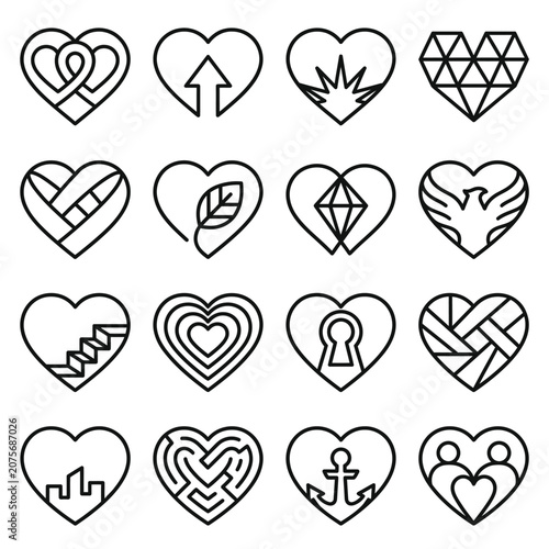 A collection of various heart shaped icons with different creative patterns and symbols inside them