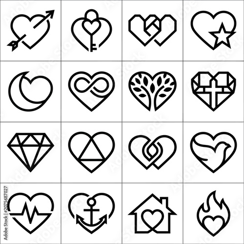 A collection of various heart shaped icons arranged in a grid