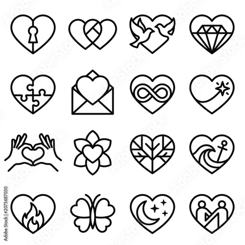 A collection of various heart shaped icons in a simple black and white line art style