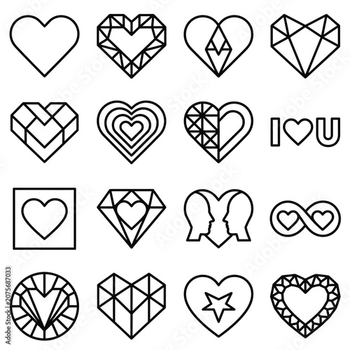 A collection of various heart shaped icons and geometric symbols