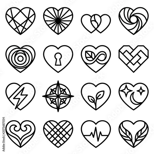 A collection of sixteen unique heart icons with various geometric and symbolic patterns