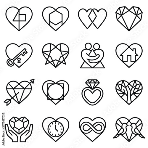 A collection of sixteen unique heart shaped icons featuring various symbolic line art designs
