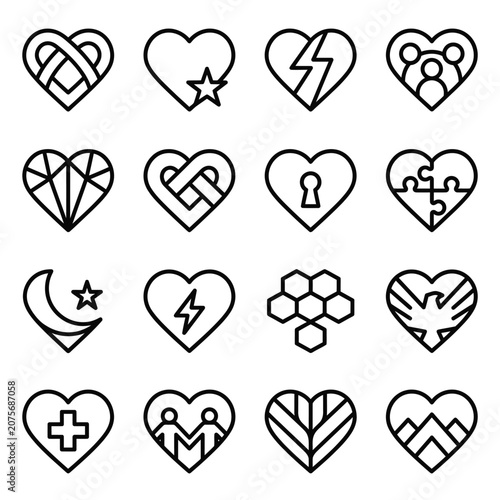 A collection of sixteen unique heart shaped icons in a clean black and white line art style