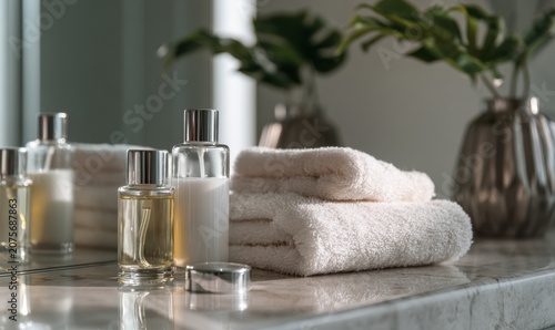 Towels and bottles rest on marble counter near green plant