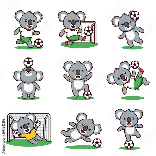 A collection of cute cartoon koalas playing soccer in various poses