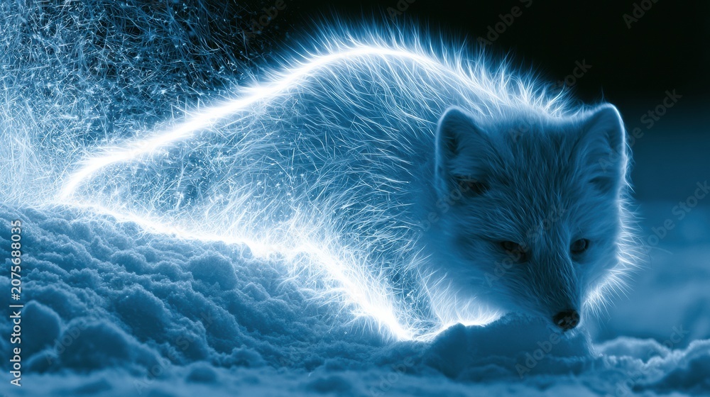 Fototapeta premium An arctic fox is shown diving into the snow while hunting. The fox has a glowing outline and snow parts around it in the dark scene.