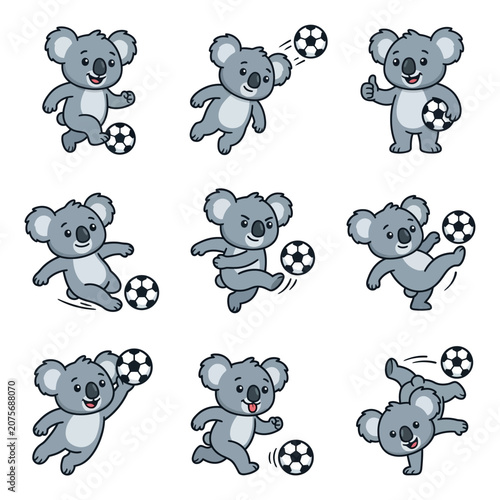 A collection of cute cartoon koalas playing with soccer balls in various dynamic poses
