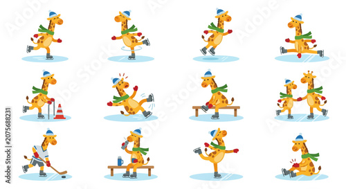 A collection of cute cartoon giraffes ice skating in various winter activities