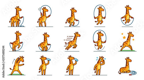 A collection of cute cartoon giraffes performing various daily activities and exercises