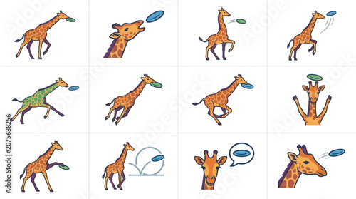 A collection of illustrated giraffes playing with flying discs in various dynamic poses