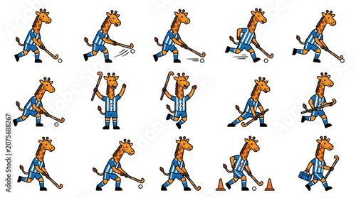A collection of cartoon giraffes playing field hockey in various dynamic poses