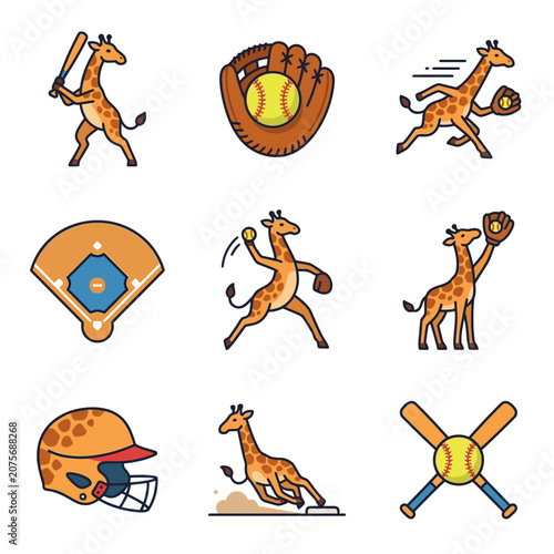 A collection of cute giraffe characters playing a fun game of baseball