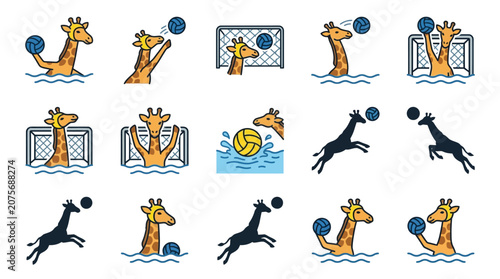 A collection of vector icons featuring giraffes playing water sports