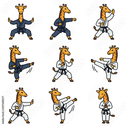 A collection of cartoon giraffes practicing various martial arts poses in traditional uniforms