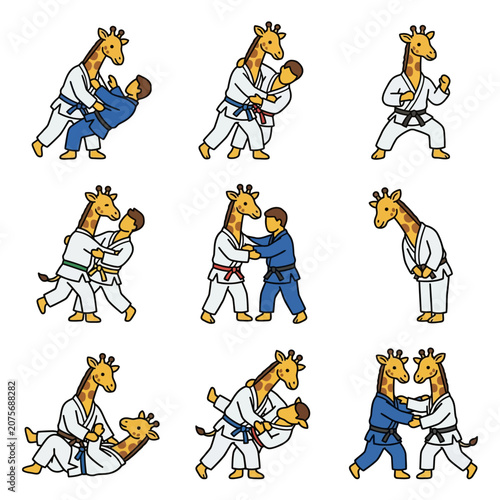 A collection of cartoon giraffes practicing martial arts in various poses