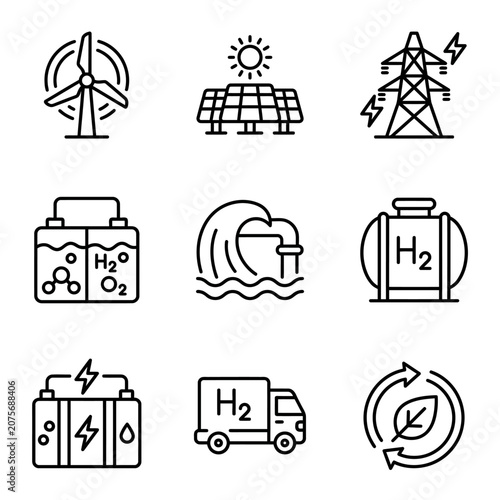 A collection of simple line icons representing various sustainable energy and power sources
