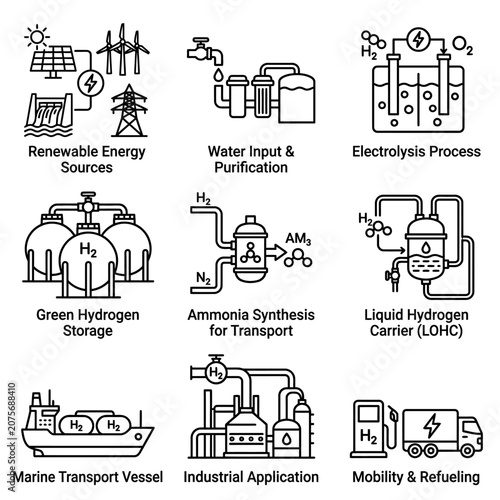 A collection of black and white icons representing the hydrogen energy production and distribution cycle