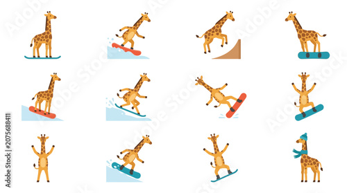 A collection of flat vector illustrations featuring giraffes enjoying various winter sports activities