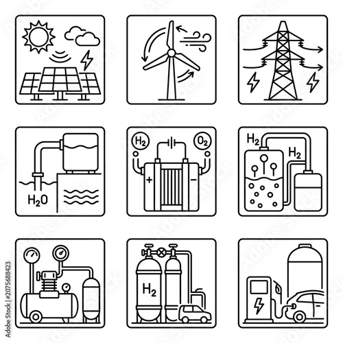 A collection of black and white icons representing various renewable energy and fuel technologies