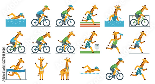A collection of flat vector icons featuring giraffes participating in various athletic sports activities
