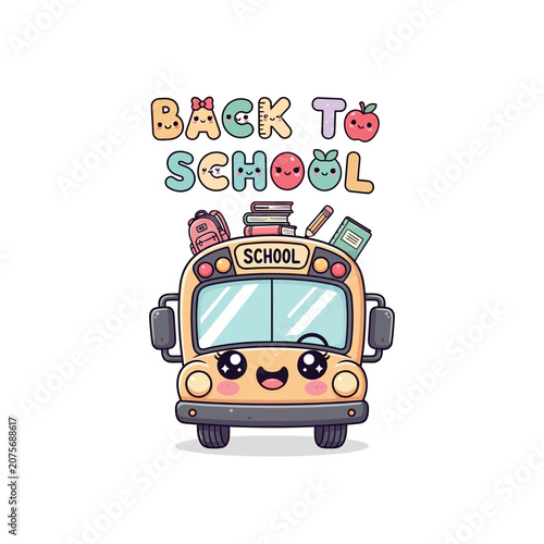 Adorable Kawaii Yellow School Bus Illustration with Back to School Text and Stationery