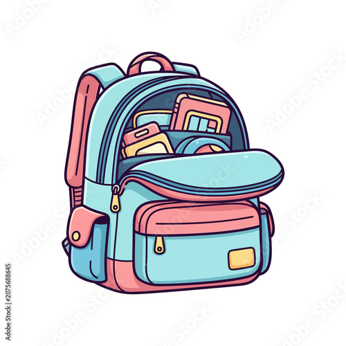 Colorful Cartoon School Backpack with Stationery and Gadgets Illustration