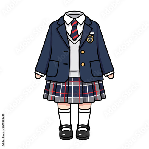 Classic Japanese School Girl Uniform with Navy Blazer and Plaid Pleated Skirt