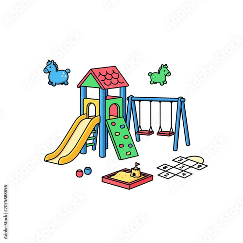 Colorful Outdoor Kids Playground Equipment with Slide Swing and Sandbox Vector Illustration