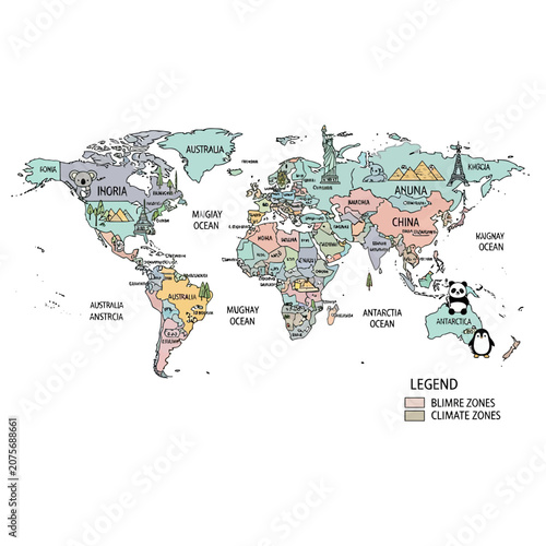 Creative Hand Drawn World Map Illustration with Cute Animals and Global Landmarks