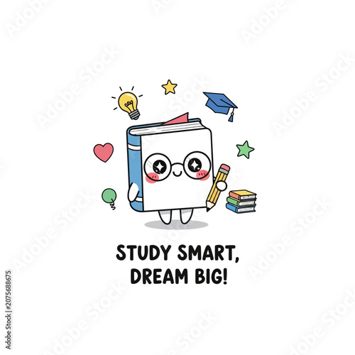 Cute Cartoon Book Character with Glasses and Pencil Motivational Education Illustration