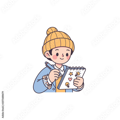 Cute Cartoon Boy Character Sketching Creative Ideas in a Notebook wearing a Yellow Beanie
