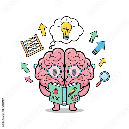 Cute Cartoon Brain Character Reading Book with Idea Lightbulb and Educational Icons